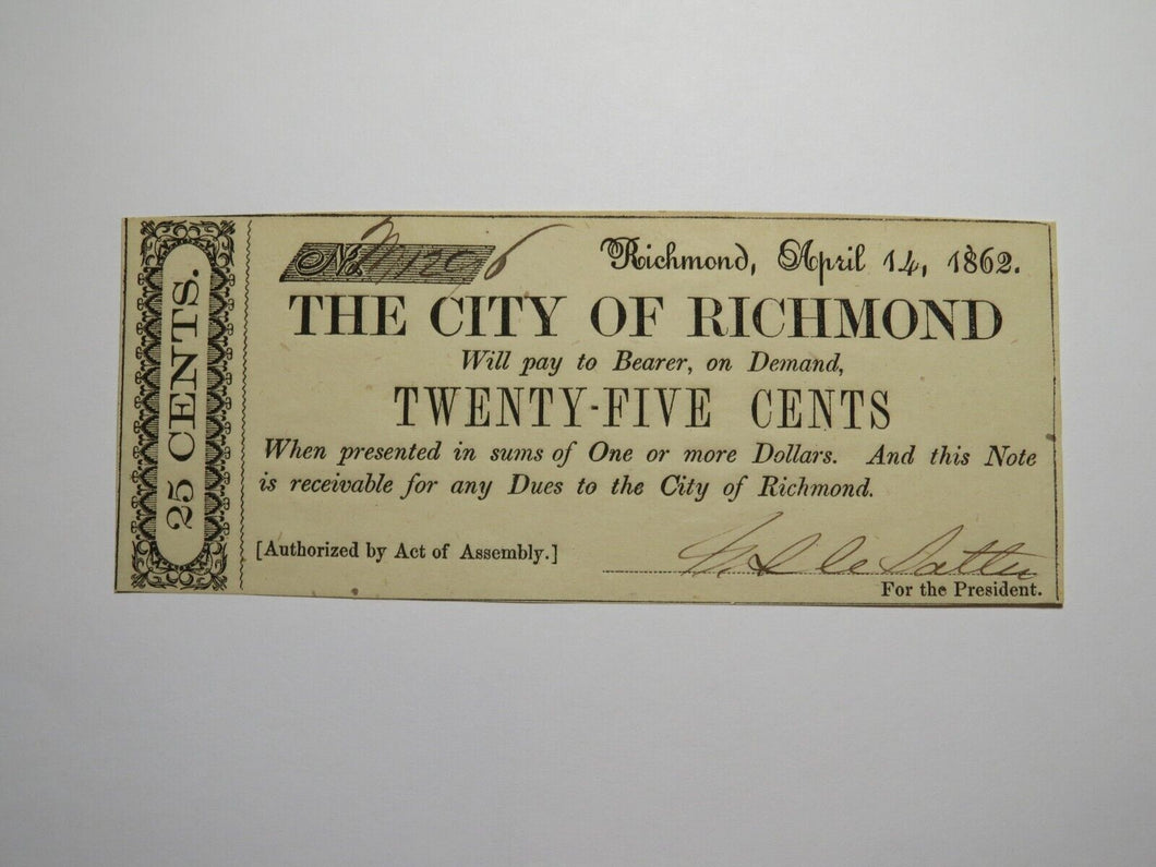 $.25 1862 Richmond Virginia Obsolete Currency Bank Note Bill City of Rich. UNC++
