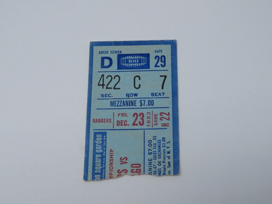 December 23, 1983 New York Rangers Vs Chicago Blackhawks NHL Hockey Ticket Stub