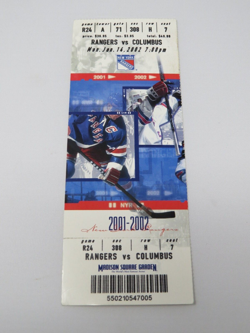 January 14, 2002 New York Rangers V Columbus Blue Jackets NHL Hockey Ticket Stub