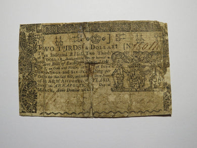 1770 $2/3 Annapolis Maryland MD Colonial Currency Bank Note Bill RARE ISSUE!