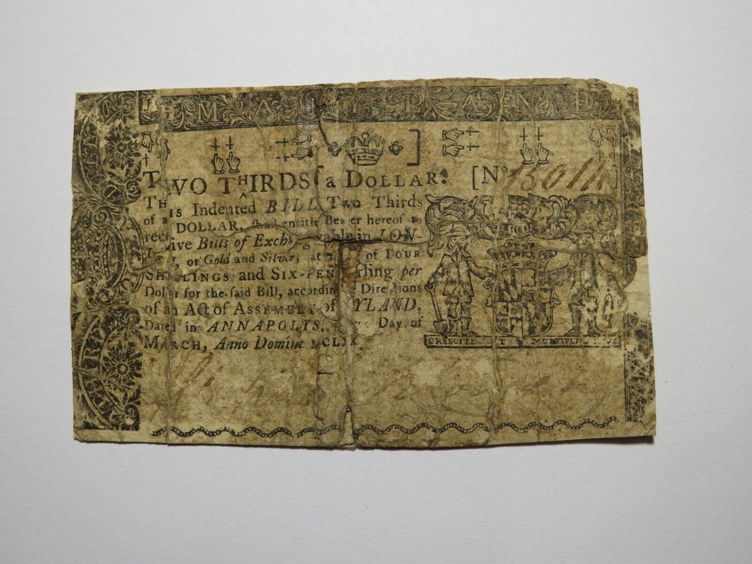 1770 $2/3 Annapolis Maryland MD Colonial Currency Bank Note Bill RARE ISSUE!