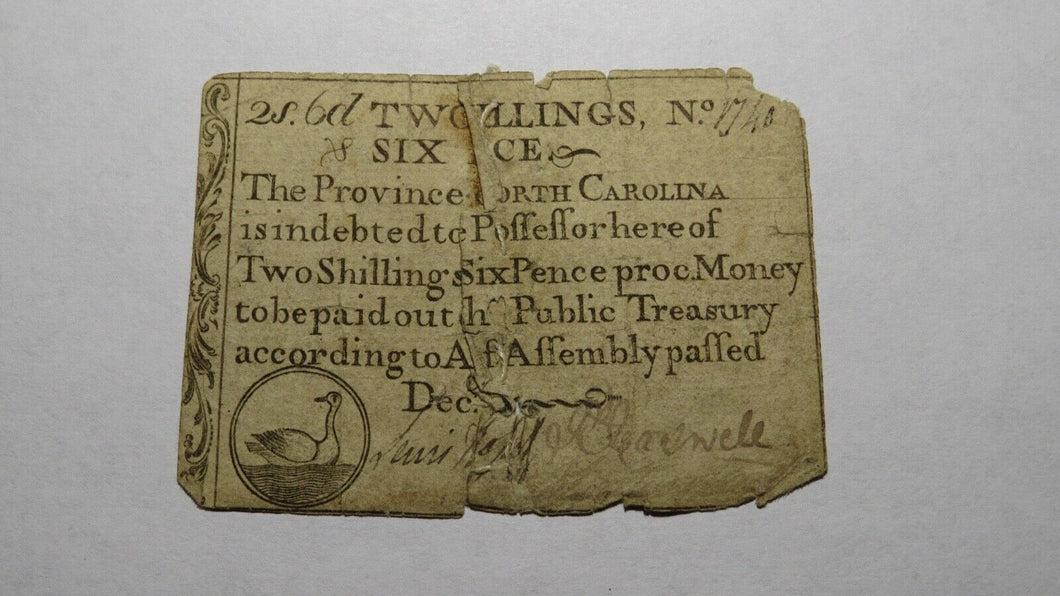 1771 Two Shillings Six Pence North Carolina NC Colonial Currency Note Bill 2s6d