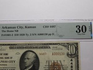 $10 1929 Arkansas City Kansas KS National Currency Bank Note Bill #4487 VF30 PMG