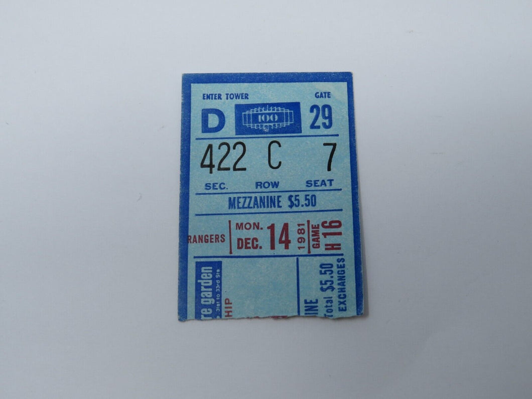 December 14, 1981 New York Rangers Vs Pittsburgh Penguins NHL Hockey Ticket Stub