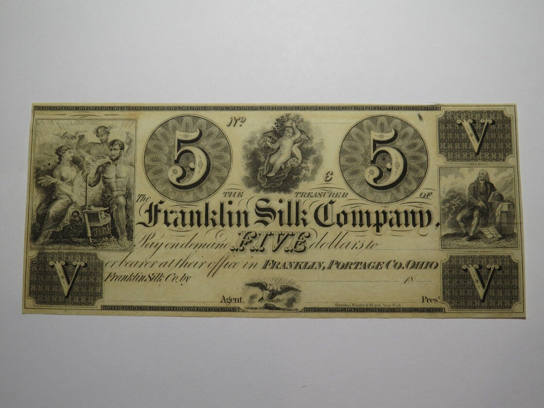 $5 18__ Franklin Ohio OH Obsolete Currency Bank Note Bill Silk Company UNC+++