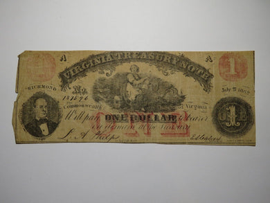 $1 1862 Richmond Virginia VA Obsolete Currency Treasury Bank Note Bill