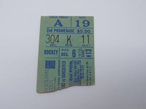 December 6, 1970 New York Rangers Vs. Vancouver Canucks NHL Hockey Ticket Stub