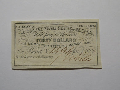 $40 1861 Confederate Bond Coupon Certificate Currency Bank Note Bill UNC