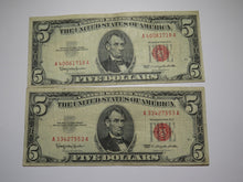 Load image into Gallery viewer, 2 $5 1963 Lincoln Red Seal Legal Tender Currency Notes Bank Bill VF Condition