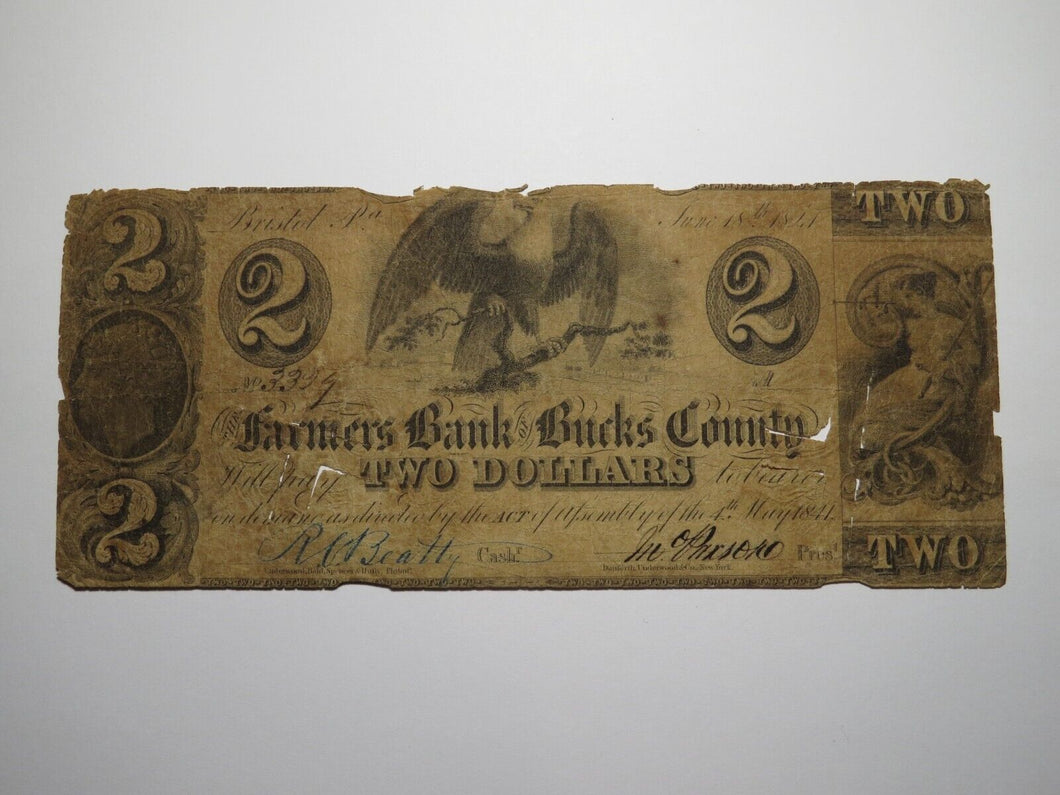 $2 1841 Bristol Pennsylvania PA Obsolete Currency Bank Note Bill Bucks County!