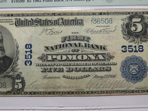 $5 1902 Pomona California CA National Currency Bank Note Bill Ch. #3518 VF25 PMG