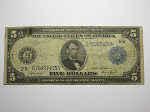 $5 1914 New York City Federal Reserve Large Bank Note Currency Bill Very Good!