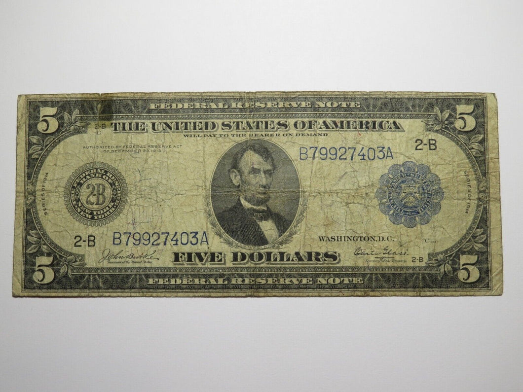 $5 1914 New York City Federal Reserve Large Bank Note Currency Bill Very Good!