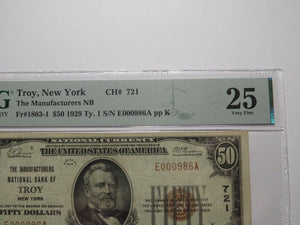 $50 1929 Troy New York NY National Currency Bank Note Bill Ch. #721 VF25 PMG