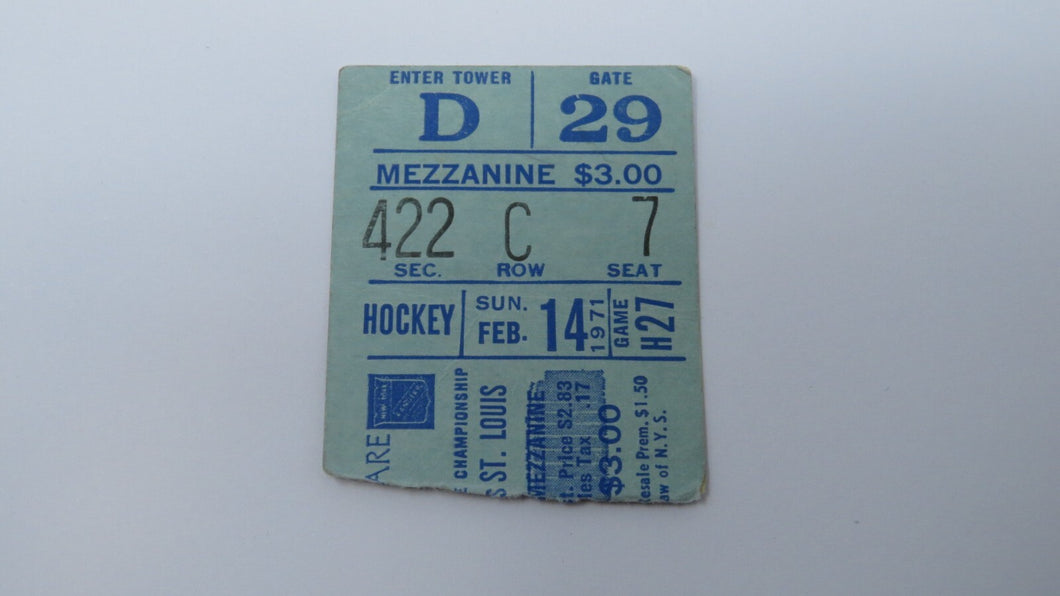 February 14, 1971 New York Rangers Vs. St. Louis Blues NHL Hockey Ticket Stub