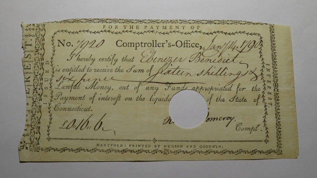 1790 15s Connecticut Colonial Currency Interest Certificate Ralph Pomeroy Signed