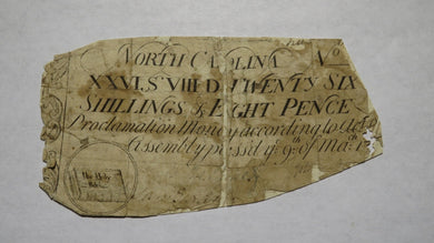 1754 Twenty Six Shillings North Carolina NC Colonial Currency Note Bill 26s 8d