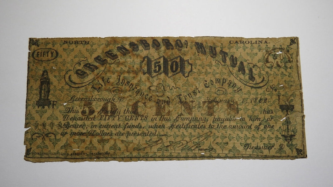 $.50 1862 Greensboro North Carolina NC Obsolete Currency Bank Bill! Mutual Bank