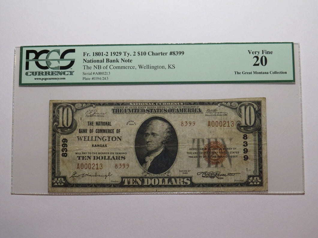 $10 1929 Wellington Kansas National Currency Bank Note Bill Ch #8399 VF20 PCGS