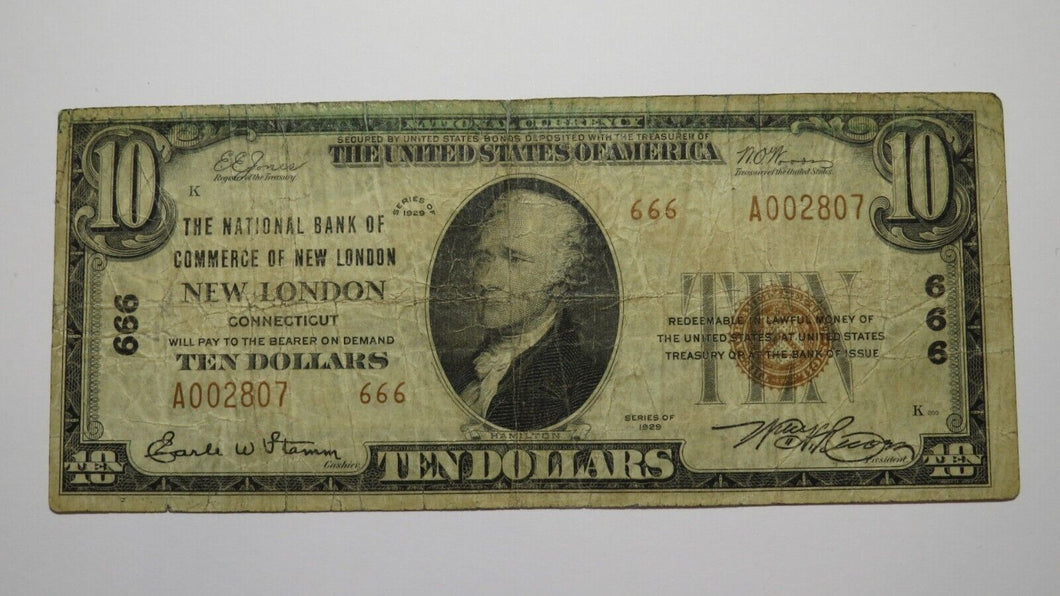 $10 1929 New London Connecticut CT National Currency Bank Note Bill #666 RARE
