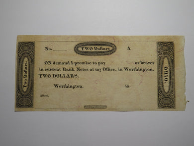 $2 18__ Worthington Ohio OH Obsolete Currency Bank Note Erza Griswold UNC++