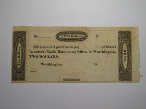 $2 18__ Worthington Ohio OH Obsolete Currency Bank Note Erza Griswold UNC++