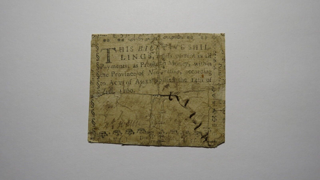 1760 Five Shillings North Carolina NC Colonial Currency Bank Note Bill 5s 