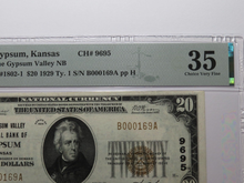 Load image into Gallery viewer, $20 1929 Gypsum Kansas KS National Currency Bank Note Bill Ch. #9695 VF35 PMG