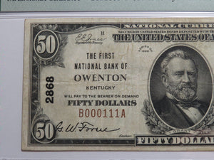 $50 1929 Owenton Kentucky National Currency Bank Note Bill #2868 Binary Serial #