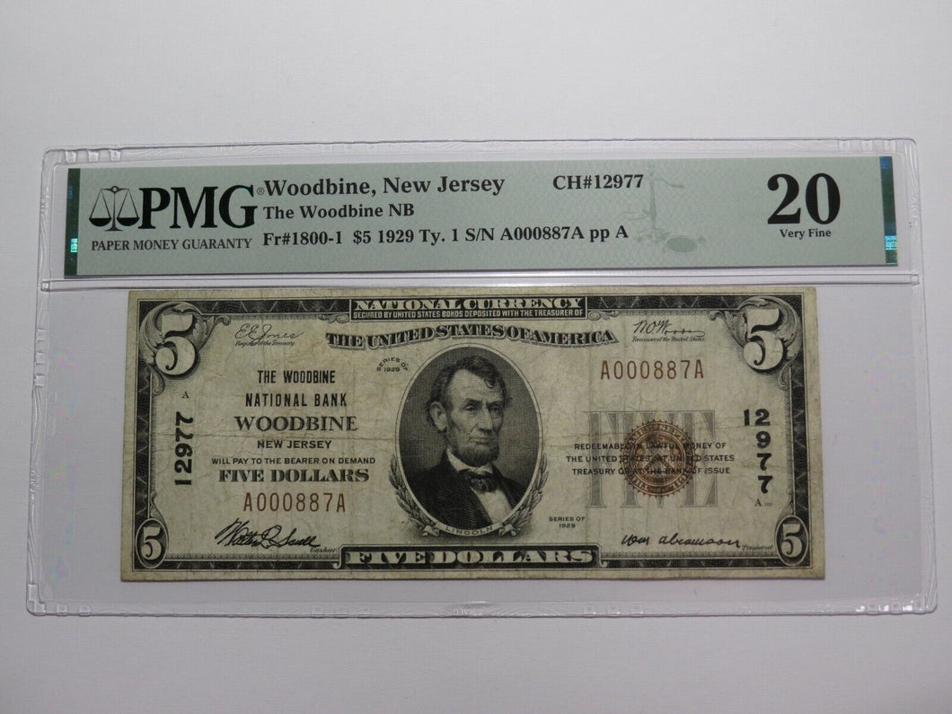 $5 1929 Woodbine New Jersey NJ National Currency Bank Note Bill Ch. #12977 VF20