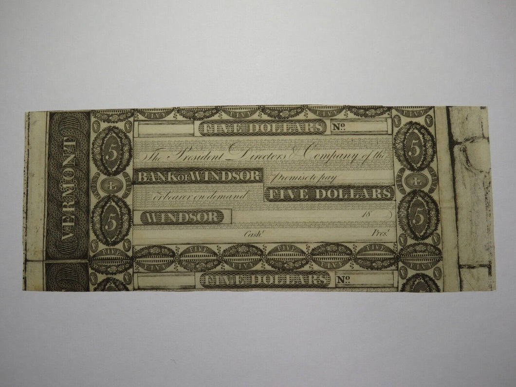 $5 18__ Windsor Vermont Obsolete Currency Bank Note Bill Remainder UNC+ Miscut