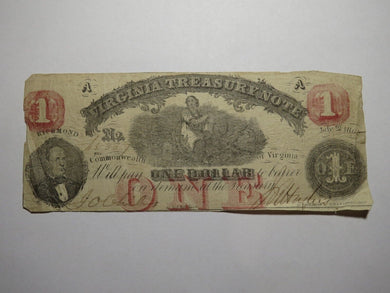 $1 1862 Richmond Virginia VA Obsolete Currency Treasury Bank Note Bill