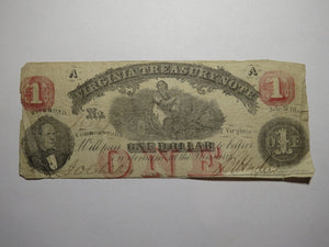 $1 1862 Richmond Virginia VA Obsolete Currency Treasury Bank Note Bill