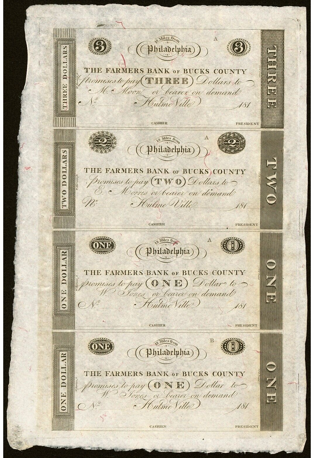 $1-$1-$2-$3 1810's Hulme Ville Pennsylvania Obsolete Currency Uncut Bank Notes