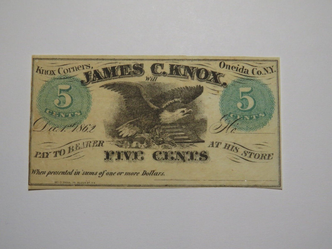 $.05 1862 Knox Corners New York NY Obsolete Currency Bank Note Bill Oneida Co.