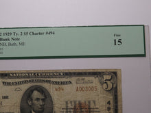 Load image into Gallery viewer, $5 1929 Bath Maine ME National Currency Bank Note Bill Charter #494 F15 PCGS