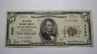 $5 1929 Washington Pennsylvania PA National Currency Bank Note Bill! Ch #3383 VF