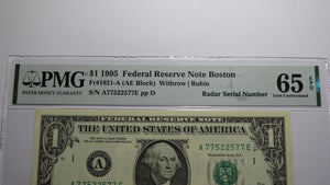 $1 1995 Radar Serial Number Federal Reserve Currency Bank Note Bill PMG UNC65EPQ