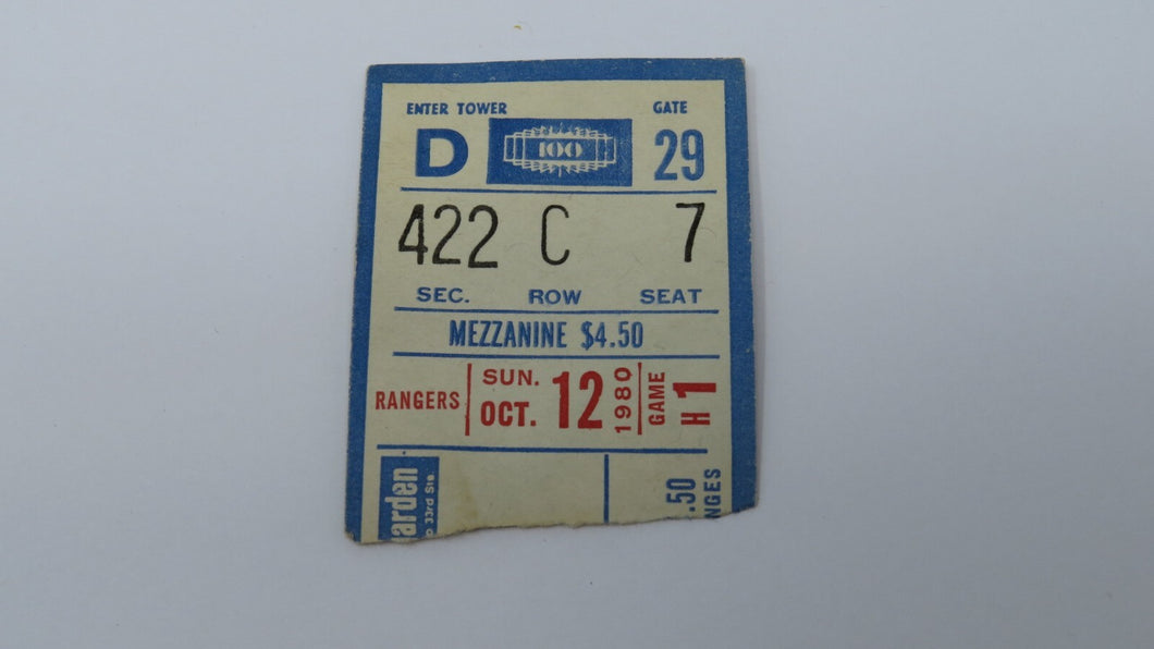 October 12, 1980 New York Rangers Vs. Penguins Hockey Ticket Stub Home Opener