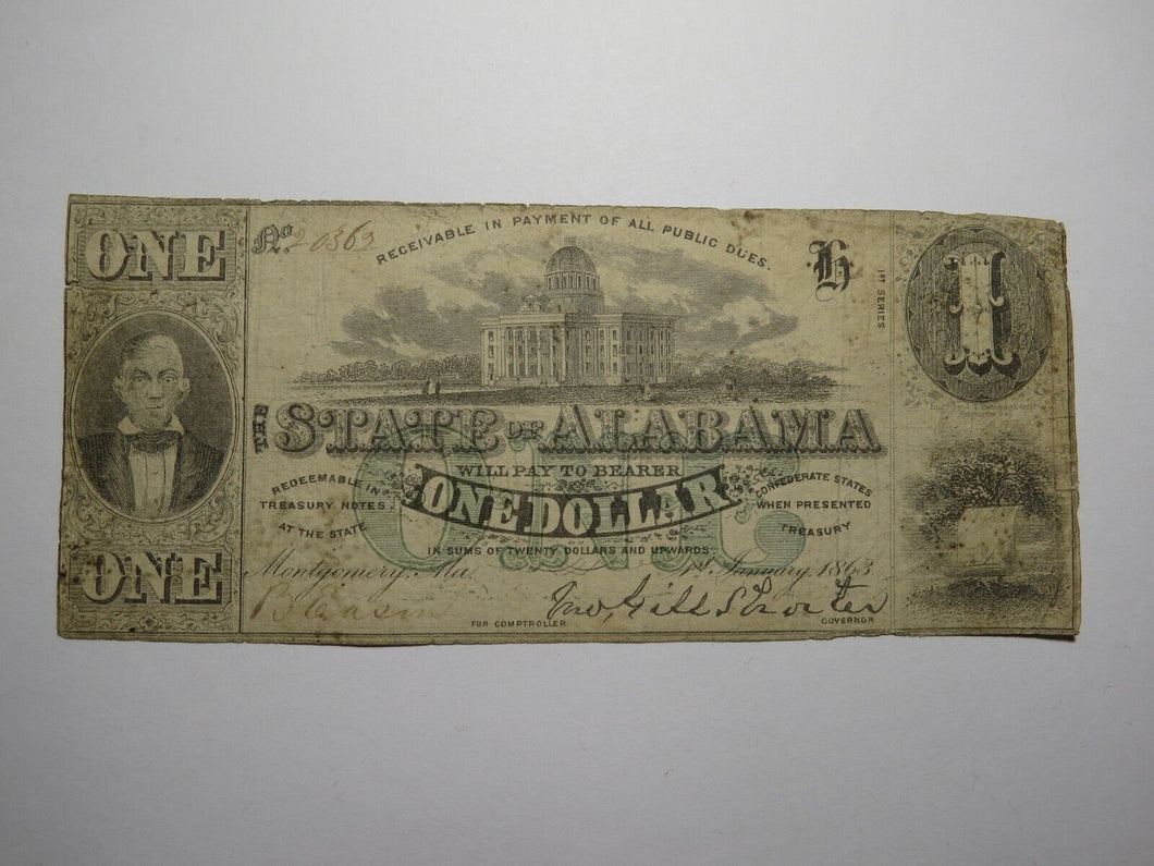 $1 1863 Montgomery Alabama AL Obsolete Currency Bank Note Bill State of Alabama