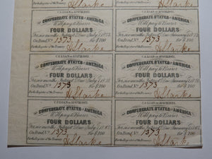 $4 1861 Confederate Bond Coupon Certificate Uncut Sheet Currency Bank Note Bill