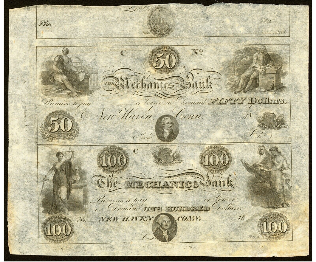 $50-$100 1860's New Haven Connecticut Obsolete Currency Uncut Sheet Bank Notes