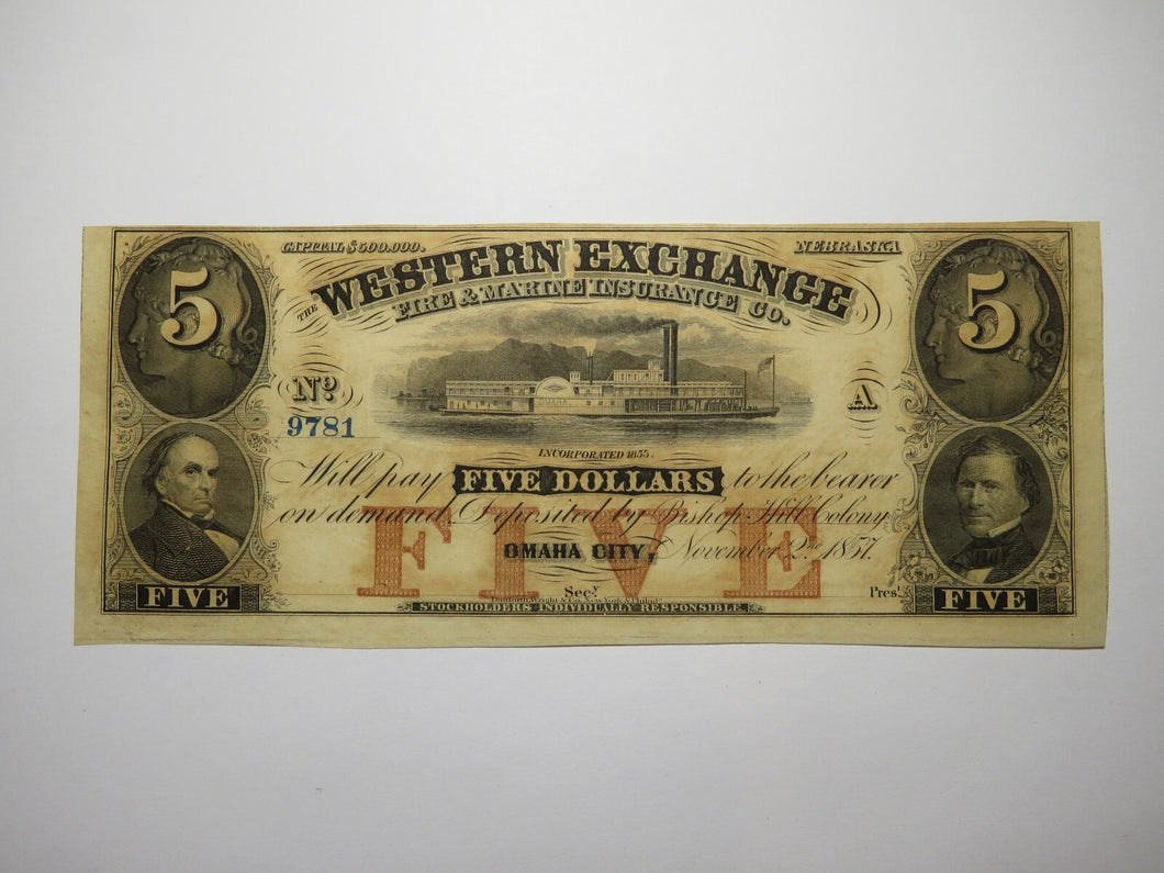 $5 1857 Omaha City Nebraska NE Obsolete Currency Bank Note Bill! CU+ Condition!