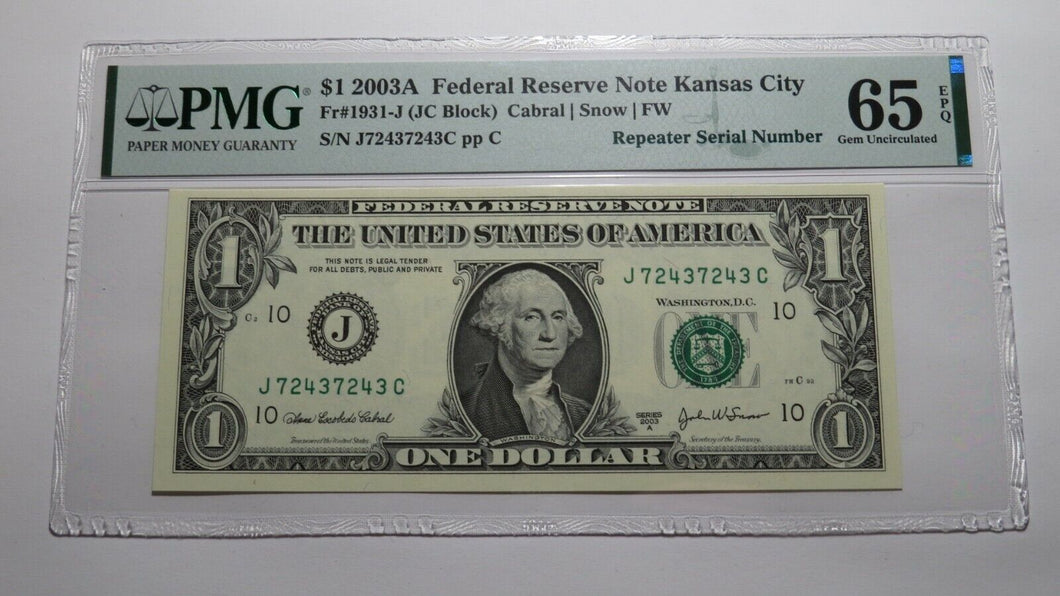 $1 2003A Repeater Serial Number Federal Reserve Currency Bank Note Bill UNC65EPQ