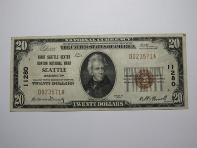 $20 1929 Seattle Washington WA National Currency Bank Note Bill Ch. #11280 VF+