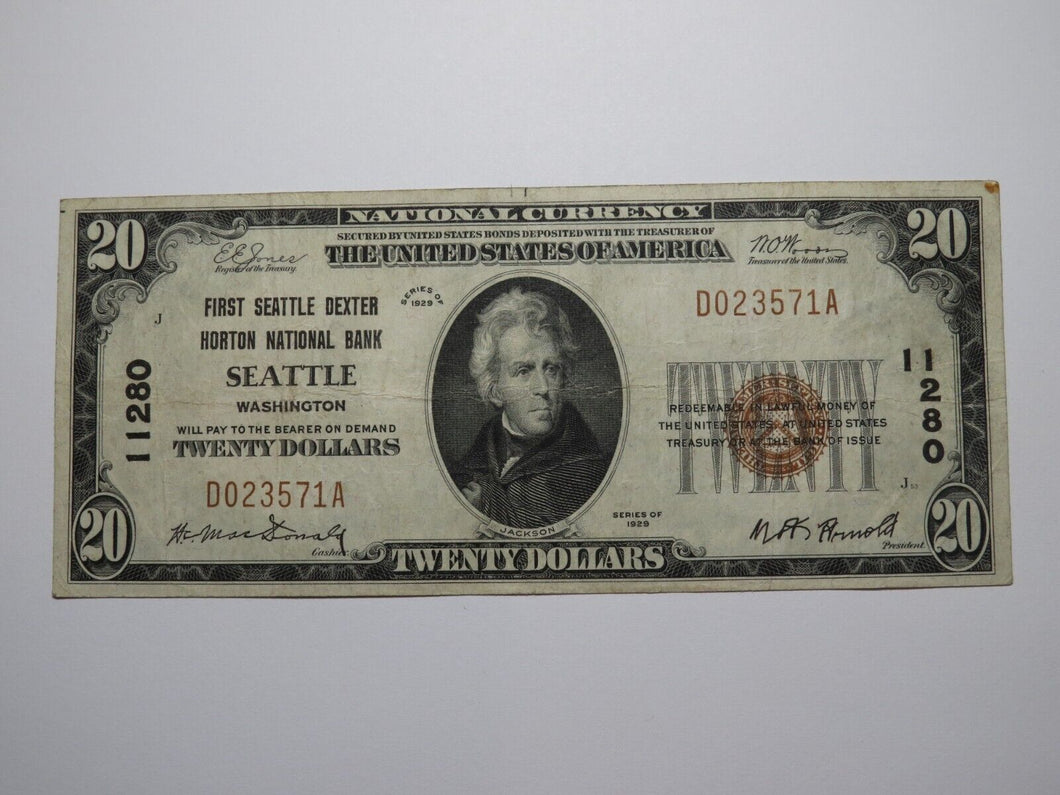 $20 1929 Seattle Washington WA National Currency Bank Note Bill Ch. #11280 VF+