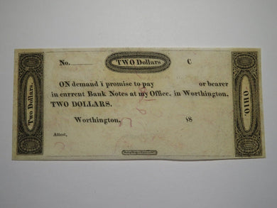$2 18__ Worthington Ohio OH Obsolete Currency Bank Note Erza Griswold UNC++