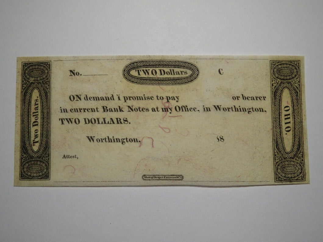 $2 18__ Worthington Ohio OH Obsolete Currency Bank Note Erza Griswold UNC++
