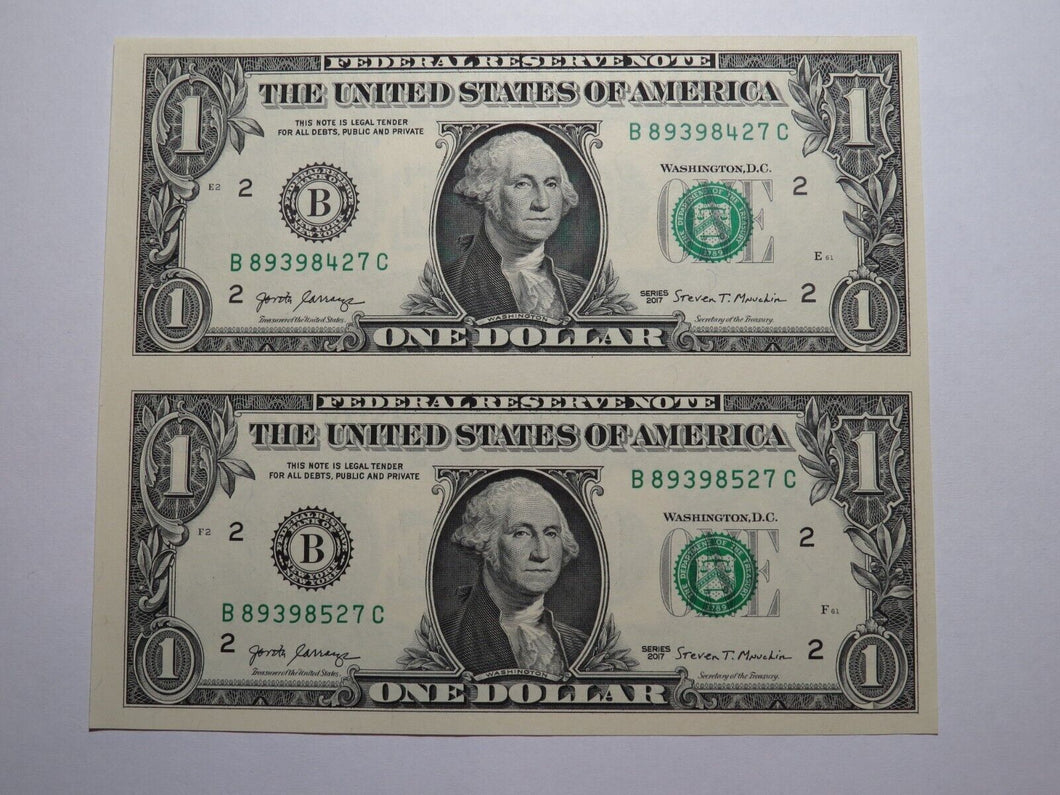 $1 2017 Uncut New York BEP Uncirculated Currency Sheet 2 Federal Reserve Notes