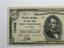 Load image into Gallery viewer, $5 1929 West Englewood New Jersey National Currency Bank Note Bill #12402 VF+